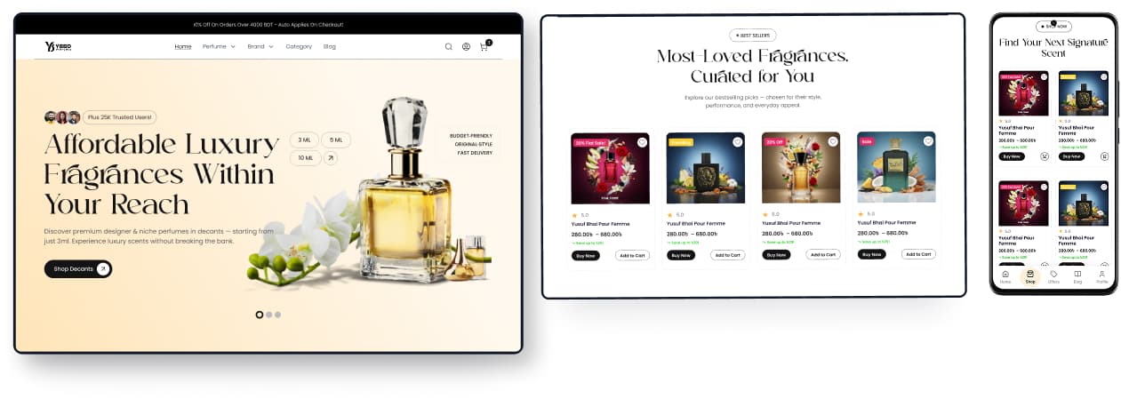 YBBD Perfumes storefront on desktop, tablet and mobile