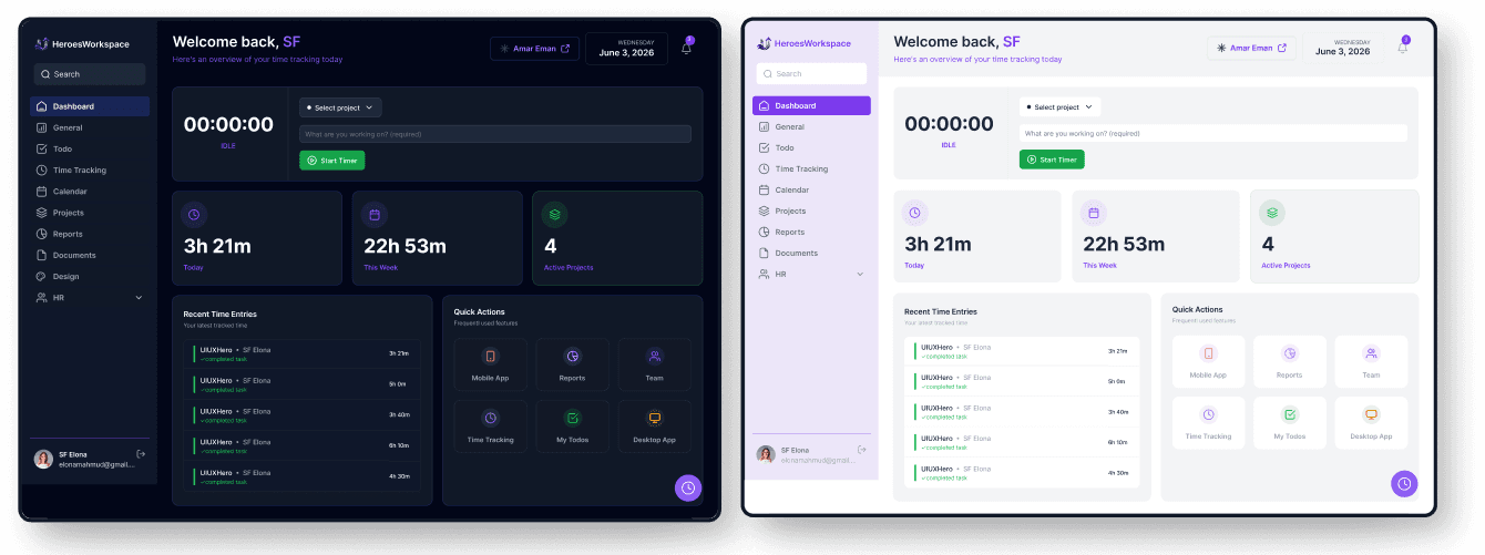 Heroes Workspace time tracking dashboard in dark and light themes