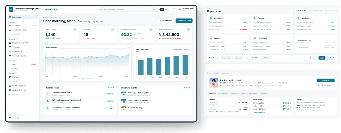 School management dashboard and reports hub